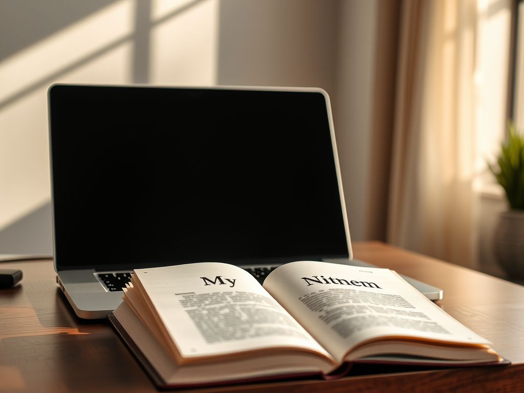 A neatly arranged desktop featuring a thick, slate-gray hardcover handbook titled “Chronic Illness Essentials” in clean sans-serif lettering, its matte cover subtly textured. The book rests beside a brushed aluminum laptop displaying a minimal dashboard of health icons, and a slim glass of water on a pale oak surface with crisp edges. Soft daylight from an unseen window washes across the scene, creating gentle, linear shadows that emphasize the clean lines and structured layout. Photographic realism, neutral grays, soft whites, and muted blues dominate the palette. Shot from a slightly elevated angle with sharp focus throughout, the mood is professional, calm, and trustworthy, evoking accurate, accessible health information without clutter or distraction.