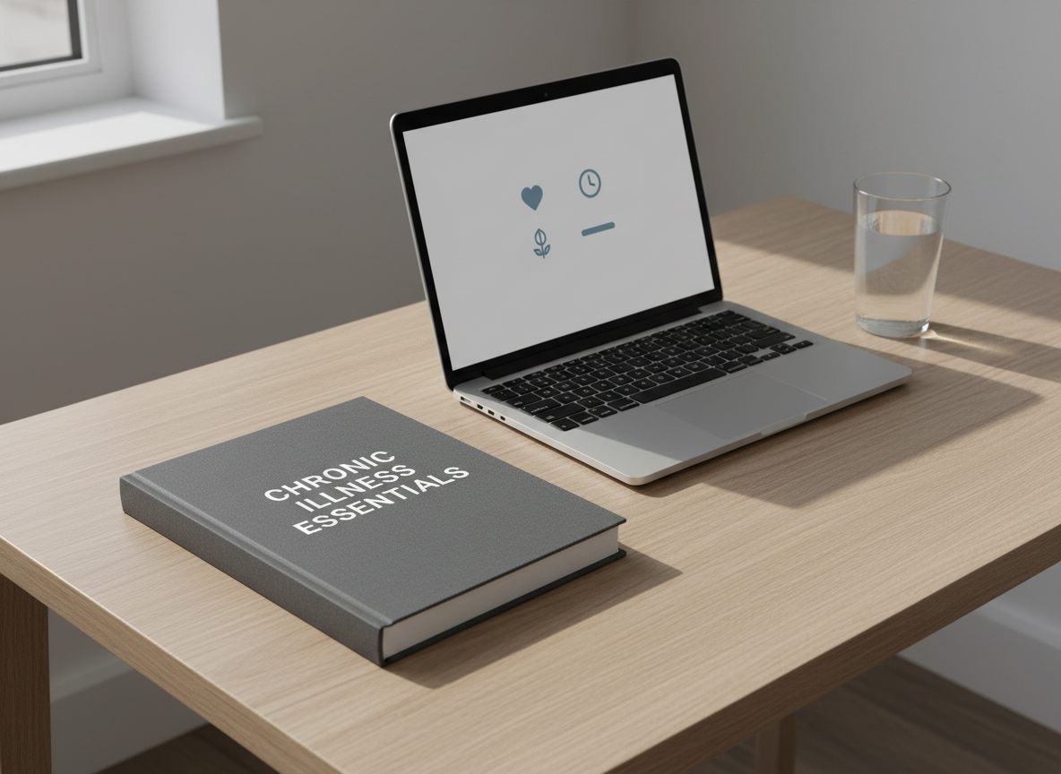 A neatly arranged desktop featuring a thick, slate-gray hardcover handbook titled “Chronic Illness Essentials” in clean sans-serif lettering, its matte cover subtly textured. The book rests beside a brushed aluminum laptop displaying a minimal dashboard of health icons, and a slim glass of water on a pale oak surface with crisp edges. Soft daylight from an unseen window washes across the scene, creating gentle, linear shadows that emphasize the clean lines and structured layout. Photographic realism, neutral grays, soft whites, and muted blues dominate the palette. Shot from a slightly elevated angle with sharp focus throughout, the mood is professional, calm, and trustworthy, evoking accurate, accessible health information without clutter or distraction.