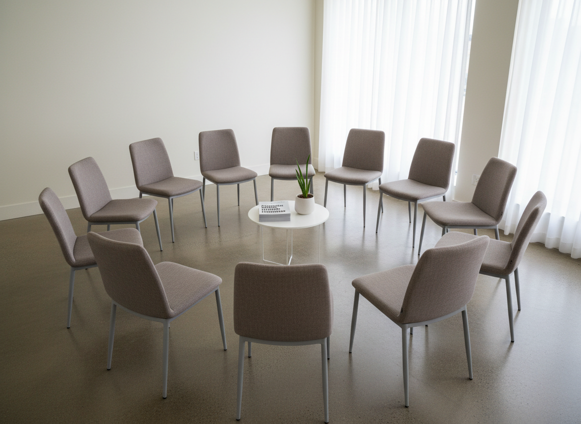An orderly circle of minimalist, upholstered chairs in warm gray fabric, empty yet inviting, arranged with perfect spacing in a bright, uncluttered room. In the center, a low, round white table holds a stack of simple, monochrome brochures titled “Coping with Chronic Conditions” and “Mental Health Matters,” along with a small, matte ceramic planter containing a single green plant. Large, sheer-covered windows allow soft natural light to fill the space, creating subtle gradients of brightness on the smooth walls and polished floor. Photographed from a slightly elevated, wide perspective with balanced composition, the image feels safe, non-judgmental, and quietly supportive, symbolizing community workshops and group discussions without depicting any people.