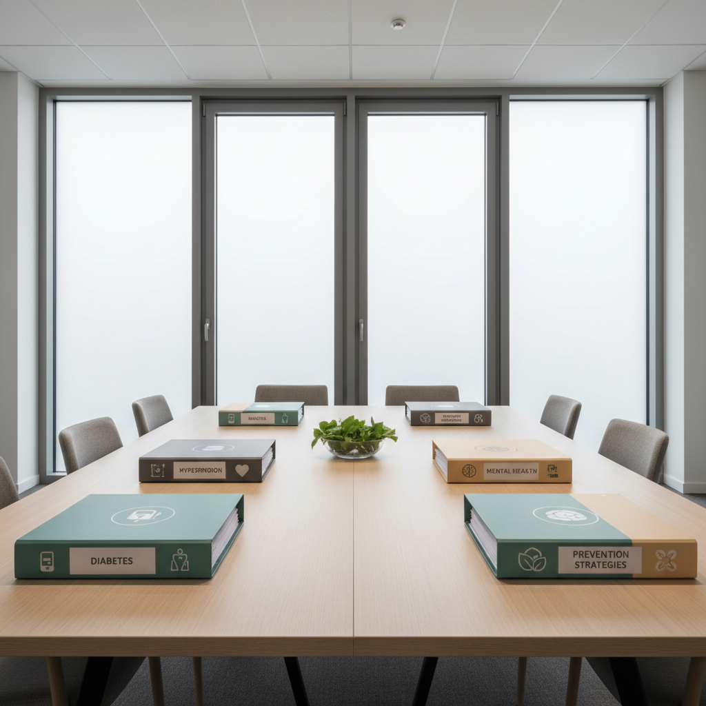 A spacious, modern conference room table in light ash wood, meticulously organized with color-coded binders labeled “Diabetes,” “Hypertension,” “Mental Health,” and “Prevention Strategies.” Each binder has neatly tabbed sections and simple, icon-based covers in muted teal, charcoal, and sand tones. A central, low glass bowl holds fresh green leaves, adding a subtle touch of vitality. Diffused overcast light enters through tall, frosted windows, casting soft, even illumination with minimal shadows. The composition is symmetrical along the table’s length, photographed at eye level to emphasize structure and order. The atmosphere is serious yet welcoming, suggesting focused educational workshops about chronic conditions in a professional, corporate-style environment.