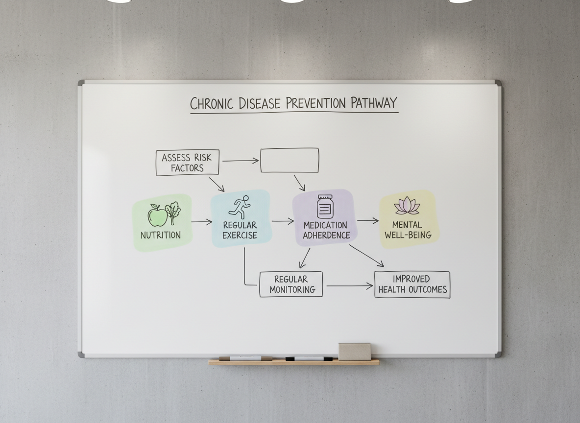 A close-up, eye-level view of a large, clean whiteboard mounted on a smooth concrete wall, covered with a carefully drawn flowchart of chronic disease prevention steps in precise, dark gray marker. Simple icons represent nutrition, exercise, medication adherence, and mental well-being, each encircled in soft pastel shapes. Below the board, a slim ledge holds neatly aligned markers and an eraser, all in neutral tones. Overhead recessed lighting provides soft, even, shadow-free illumination, highlighting the crisp lines and organized structure. The background remains minimal and slightly out of focus, maintaining attention on the prevention roadmap. The mood is analytical and hopeful, conveying clarity, structure, and an evidence-based approach to health education.